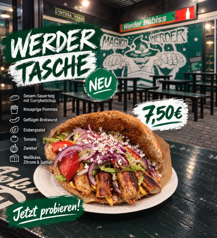 Werder-Tasche: Sesam-Sauerteigbrot mit Geflügel-Bratwurst, Pommes und Salat